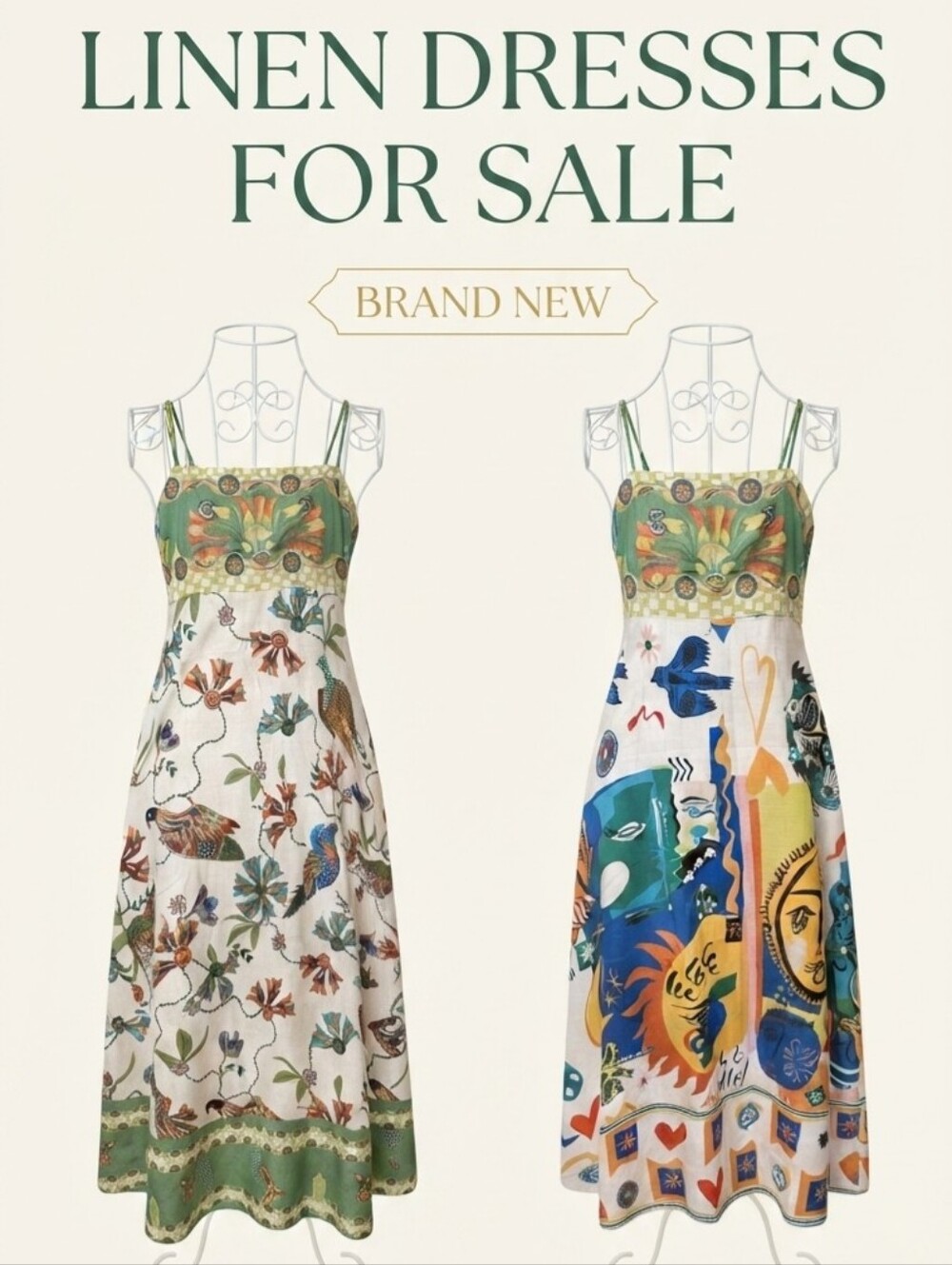 Green-Accented Floral & Artistic Linen Maxi Dress,selling Seperate